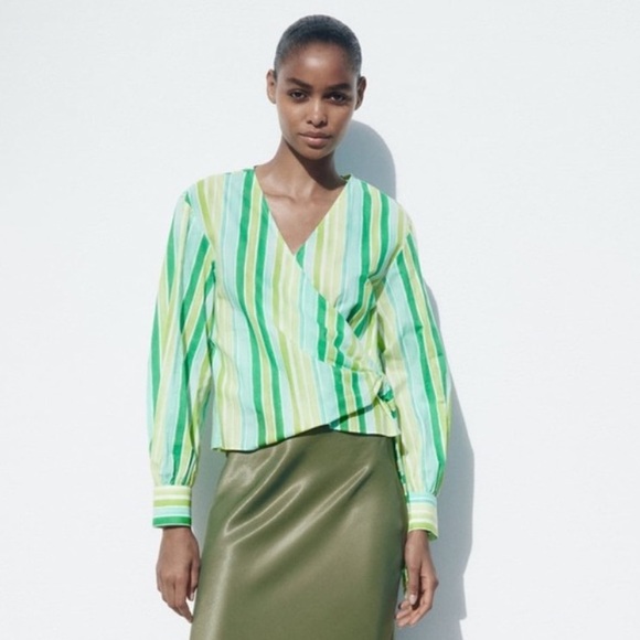 Zara Green striped multicolored wrap top - Picture 14 of 15
